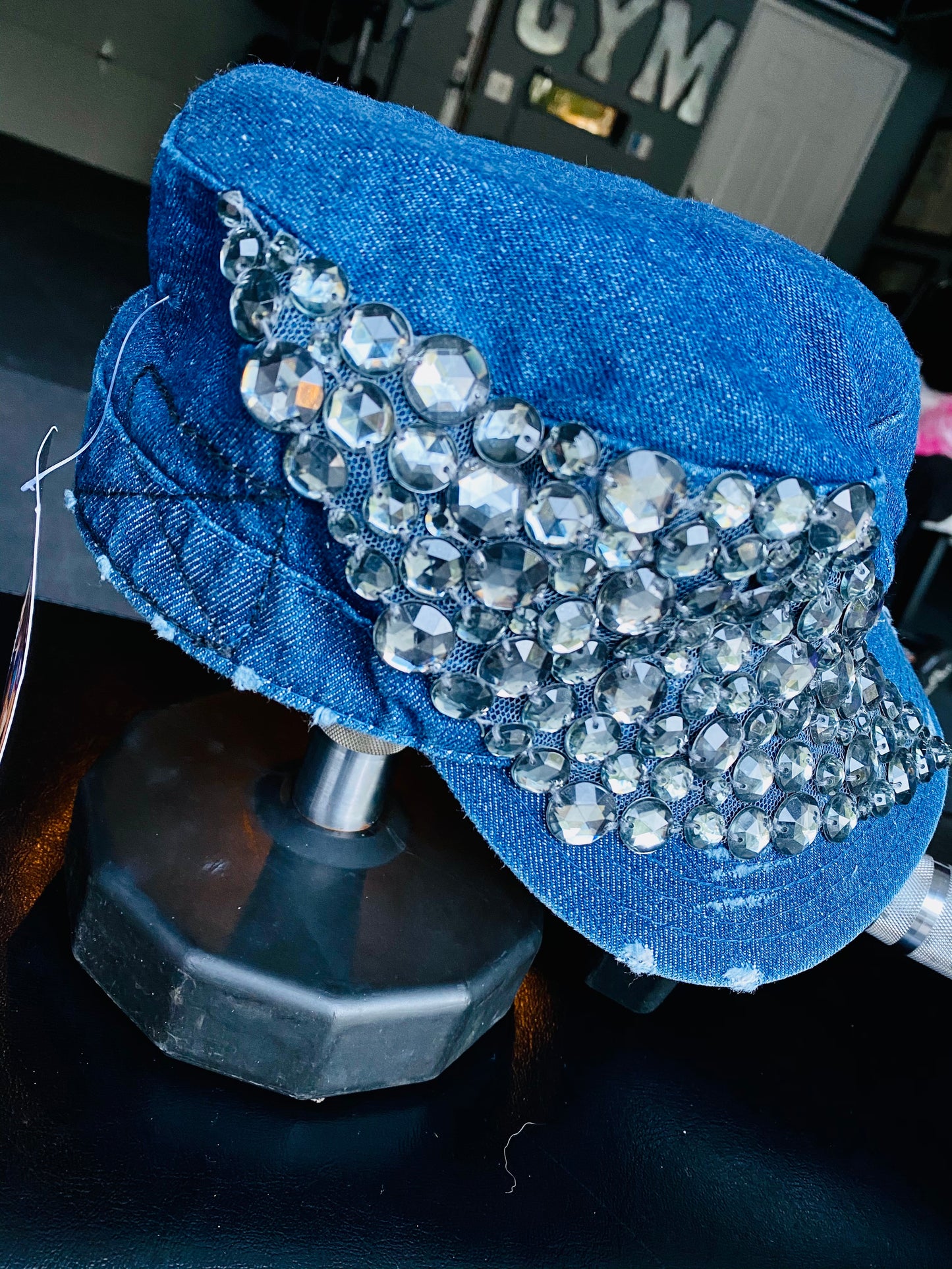 Vintage, hip, understated, cool, distressed denim cap with rhinestones. Great quality, thick denim, stones. Adj. back.