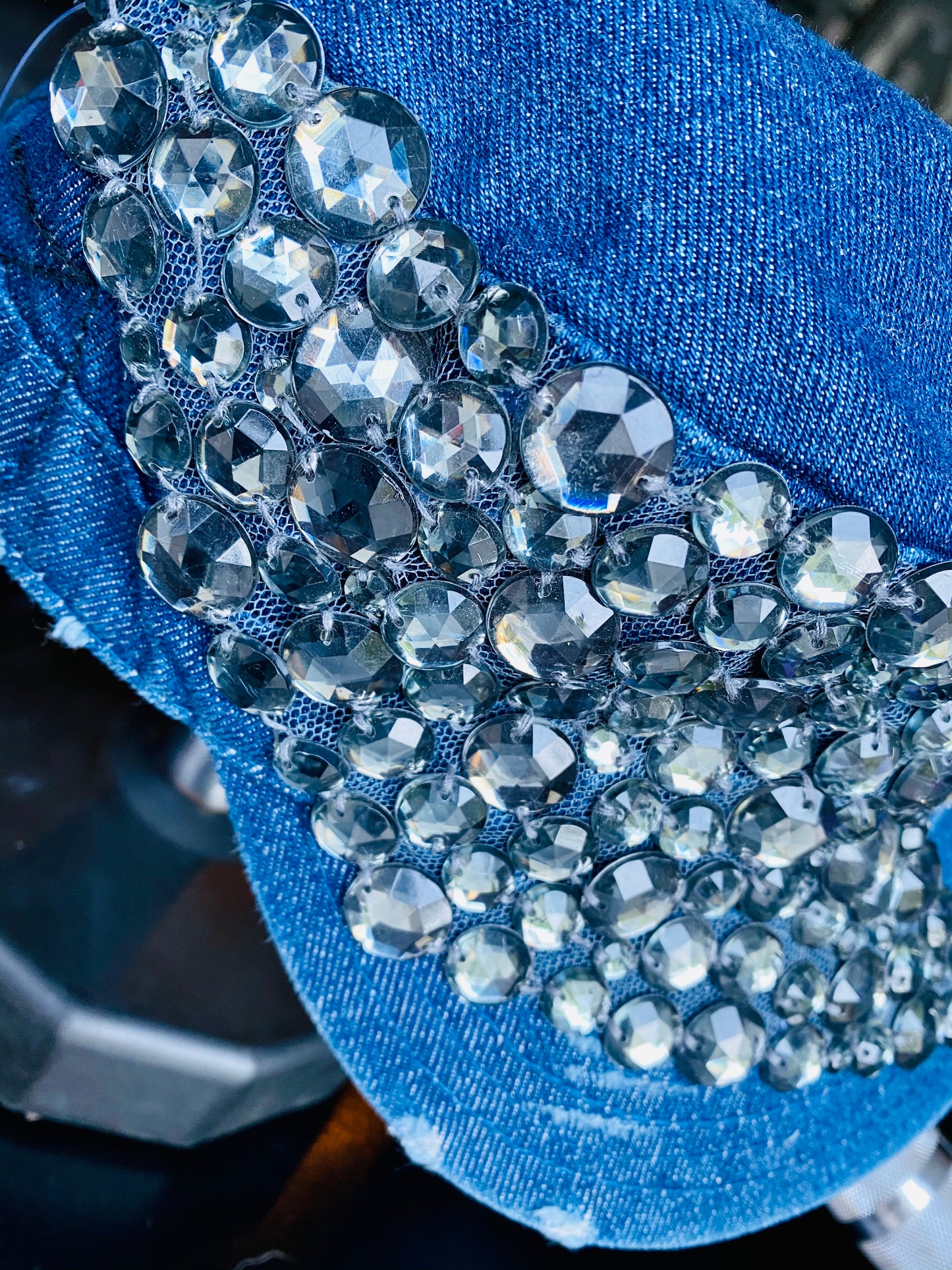 Vintage, hip, understated, cool, distressed denim cap with rhinestones. Great quality, thick denim, stones. Adj. back.