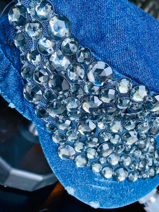 Vintage denim cap with rhinestones. Great quality, thick denim, stones. Adj. back.