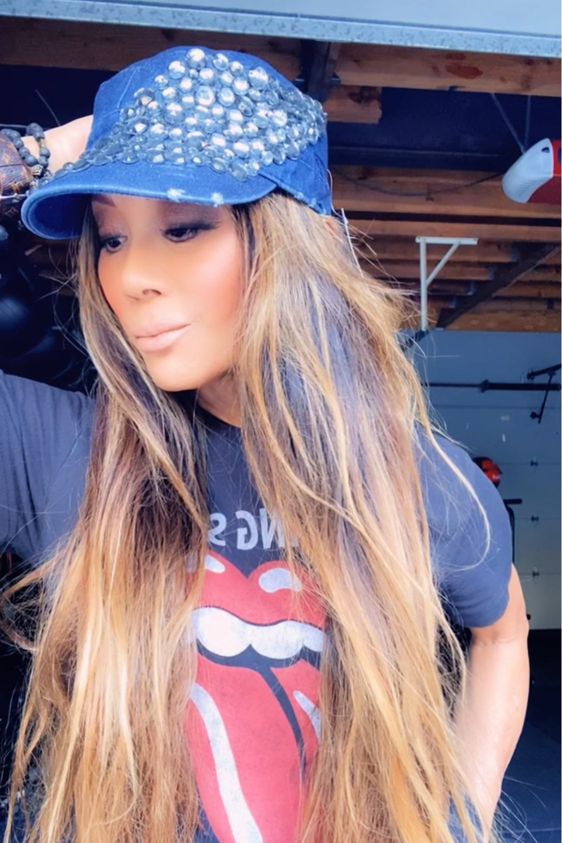 Vintage, hip, understated, cool, distressed denim cap with rhinestones. Great quality, thick denim, stones. Adj. back.